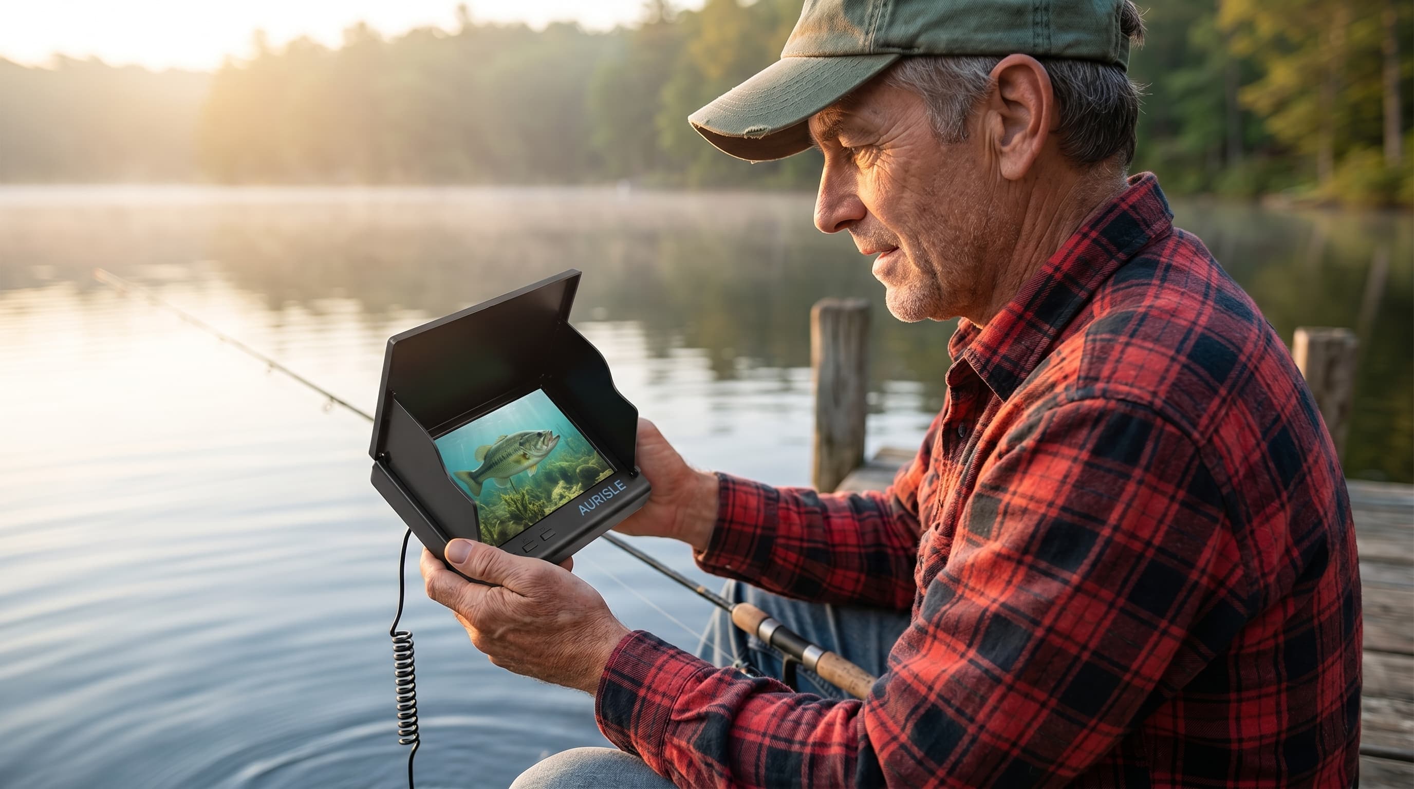 First-person view of weathered hands deploying the Aurisle camera over the side of a kayak with the screen showing live underwater footage.