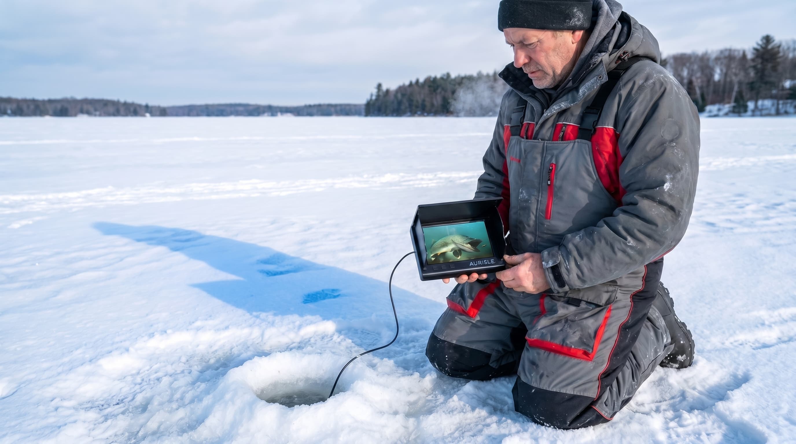 A weathered angler in a faded cap squints at a sonar screen on his boat. Caption: What is that, exactly?