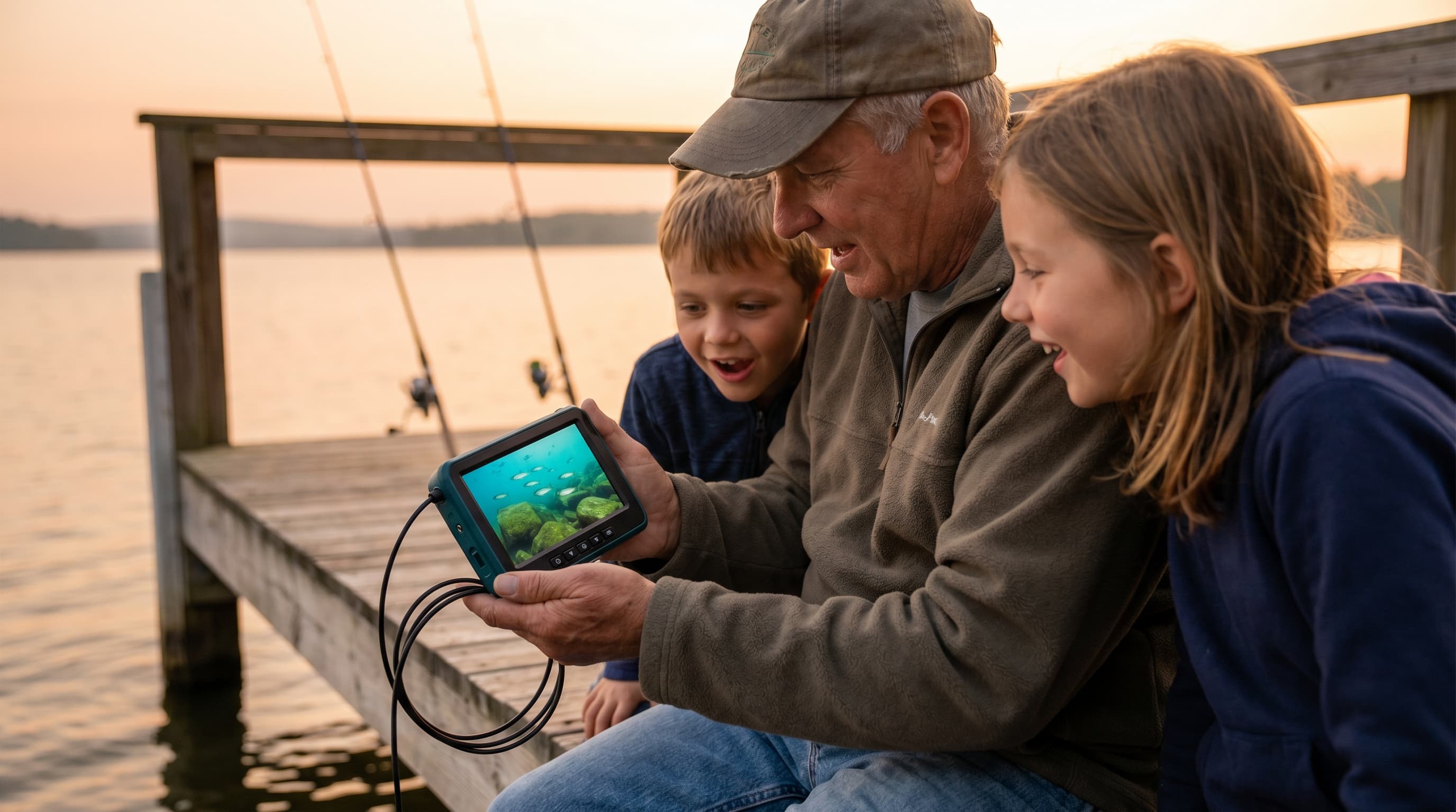 An ice angler kneels next to an ice fishing hole holding the Aurisle screen showing a walleye underwater.