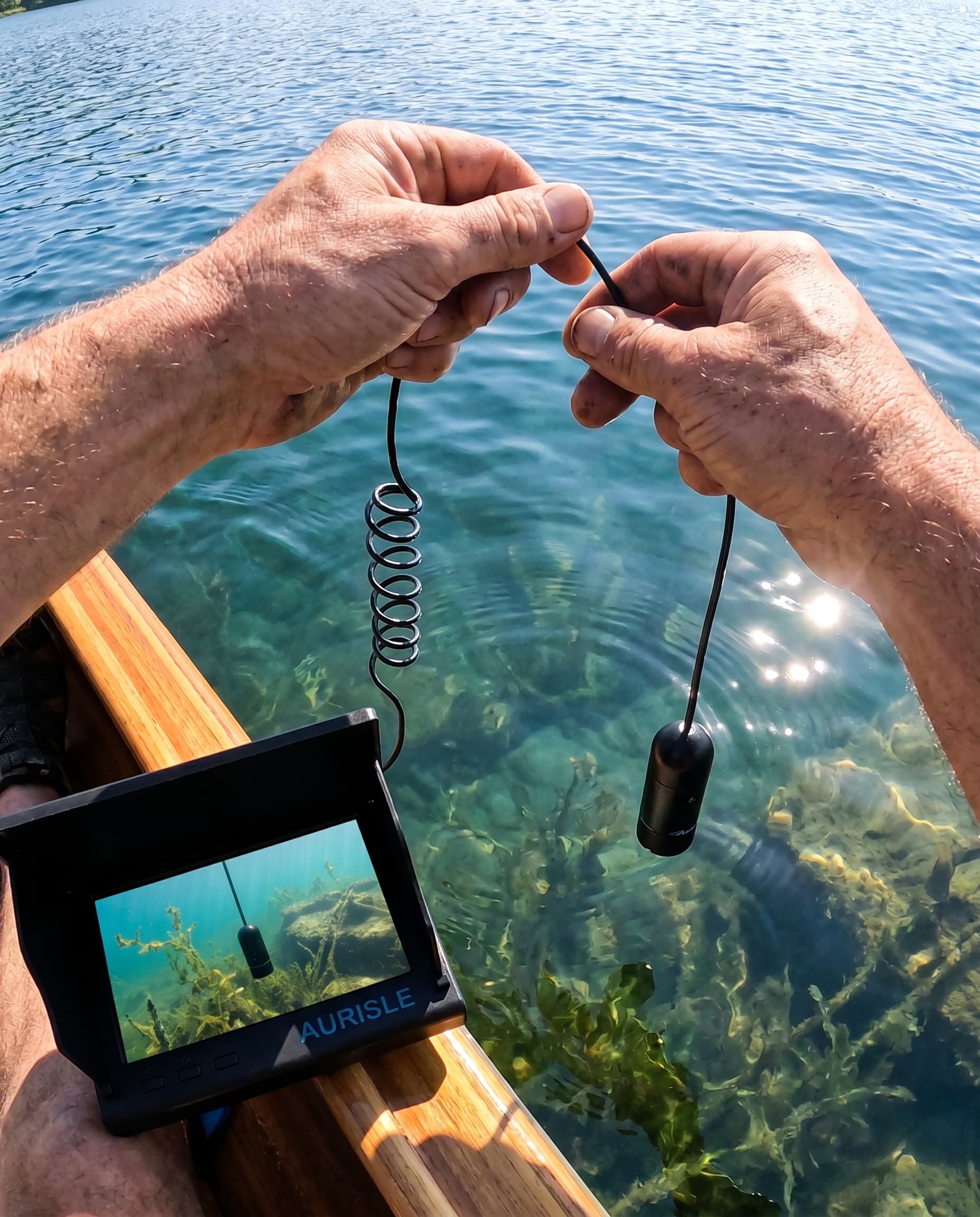 A grandfather sits between two grandchildren on a dock at sunset showing them the Aurisle screen.