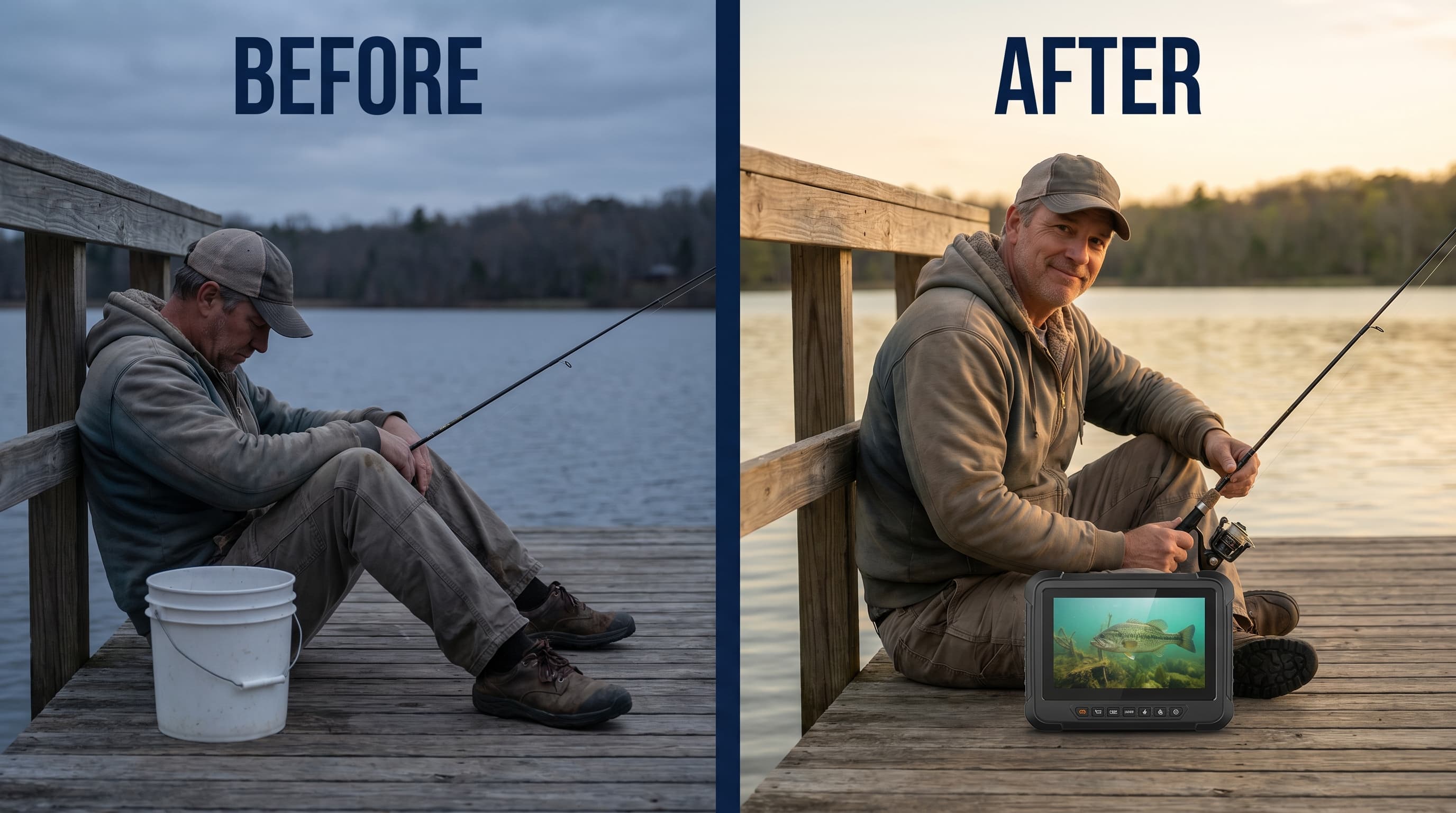 Angler in a flannel shirt holding the Aurisle underwater fishing camera display screen on a misty morning dock, with a largemouth bass visible on the screen.